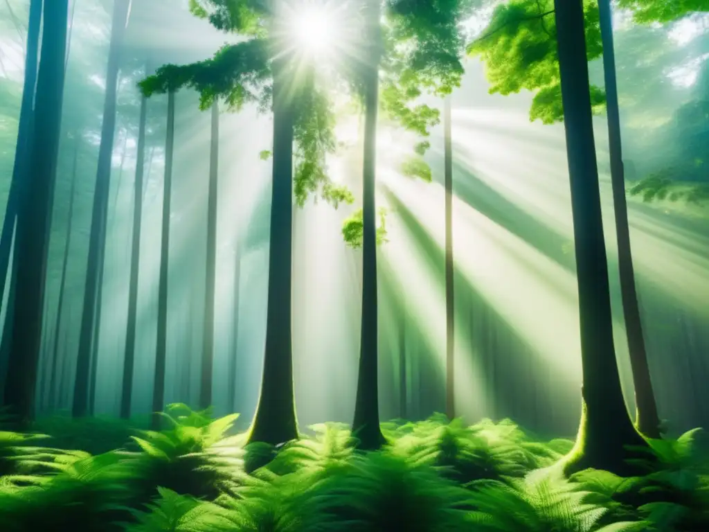 Tranquilidad en un bosque verde Iniciativas ambientales para admisiones universitarias: Bosque verde con rayos de sol, árboles majestuosos y vibrante naturaleza