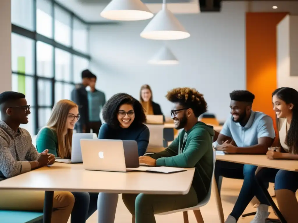 Estudiantes universitarios colaborando en un espacio moderno Iniciativas universitarias para estudiantes de bajos recursos, colaboración y aprendizaje inclusivo en un espacio moderno y vibrante