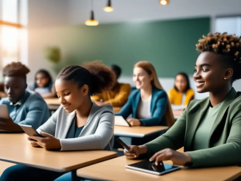 Estudiantes participando en una clase moderna Innovaciones educativas: estudiantes diversos aprendiendo juntos