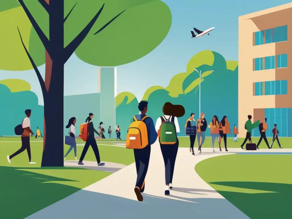 Estudiantes internacionales en un campus universitario Preparación intercambios académicos universitarios: estudiantes internacionales sonrientes en campus verde