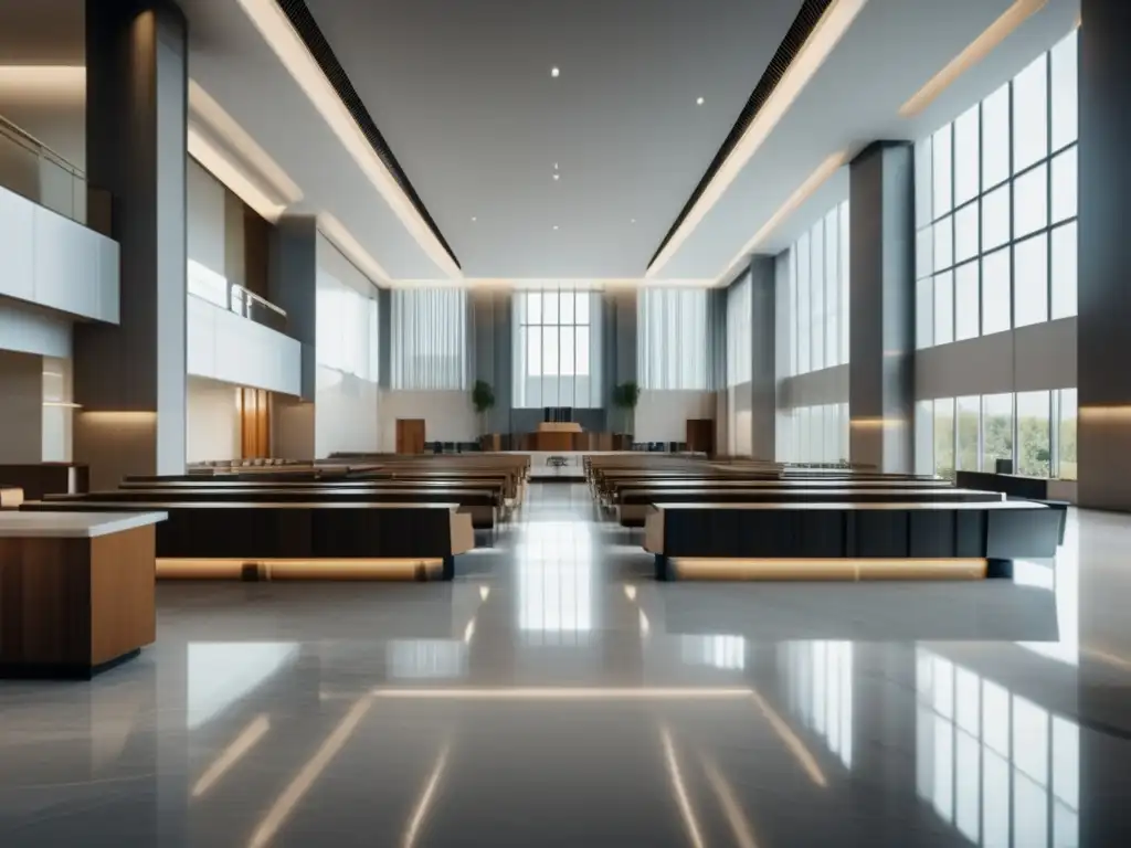 Interior majestuoso de un tribunal Interior de tribunal: 8K, moderno y luminoso; refleja seriedad y profesionalismo
