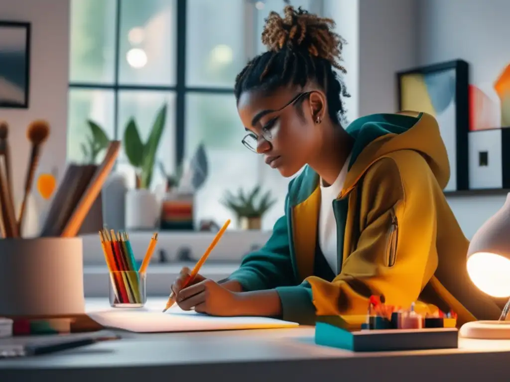 Joven artista inmerso en su proceso creativo Joven artista en su estudio con luz natural, creando arte - Becas universitarias para estudiantes de arte