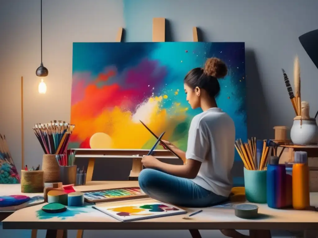 Joven artista creando una pintura vibrante en su estudio Joven artista crea vibrante pintura en estudio bien iluminado con suministros y herramientas de arte