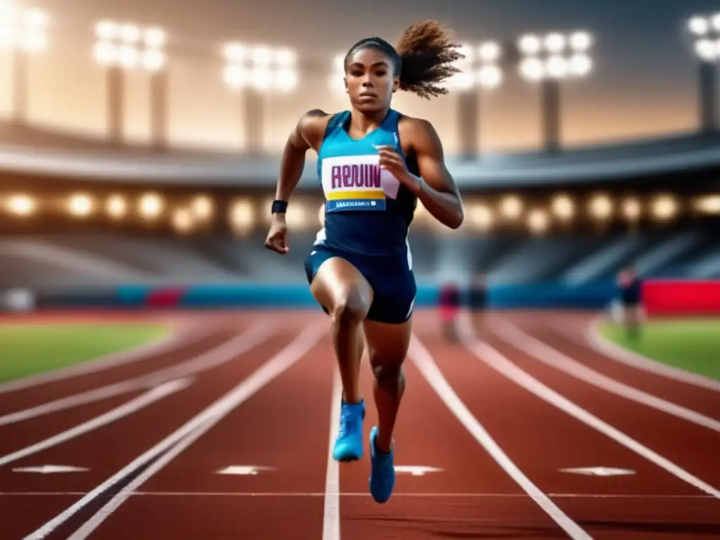 Joven atleta en pista de atletismo, lista para correr Joven atleta en pista de atletismo, mostrando habilidades deportivas universitarias