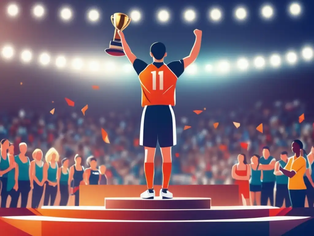 Campeón deportivo en el podio Joven atleta en podio con trofeo - Becas universitarias por mérito académico y deportivo