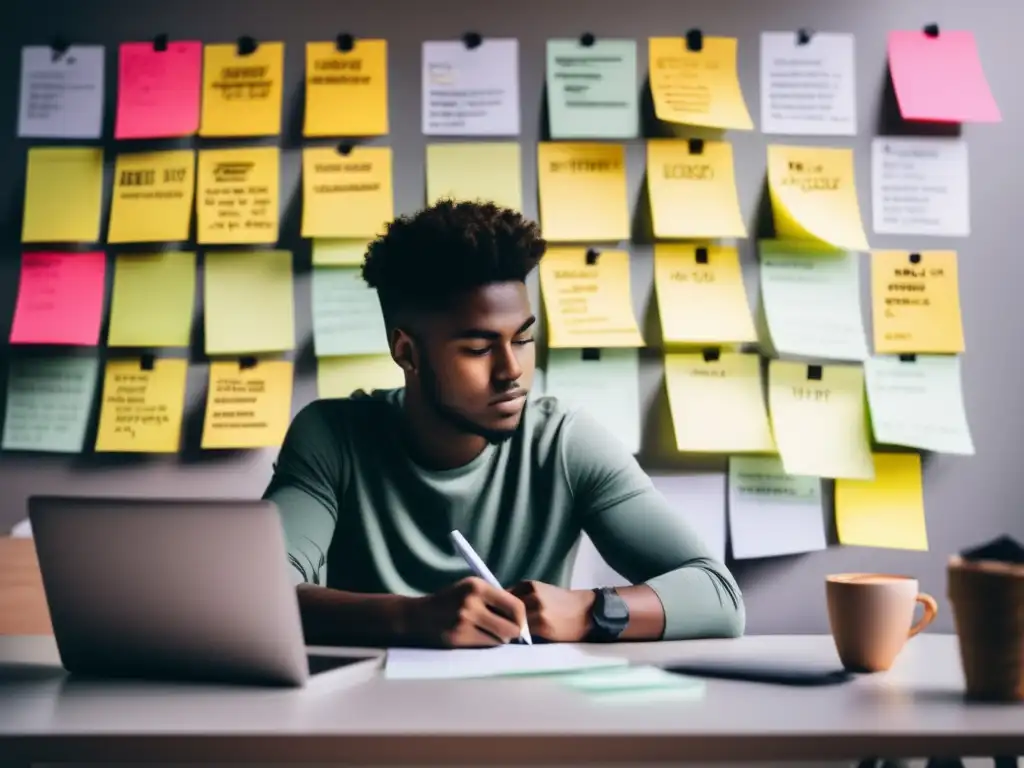 Joven enfocado en metas y motivación Joven enfocado redactando carta motivacional rodeado de metas y frases inspiradoras