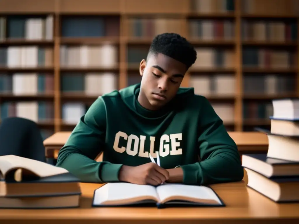 Estudiante atleta en su escritorio Joven estudiante atleta escribiendo ensayo admisión universitaria, con consejos para redactar (110 caracteres)