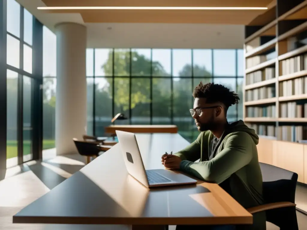 Joven estudiante graduado en estudio contemporáneo Joven estudiante becado en estudio moderno y minimalista con vista a campus - Consejos para obtener becas posgrado