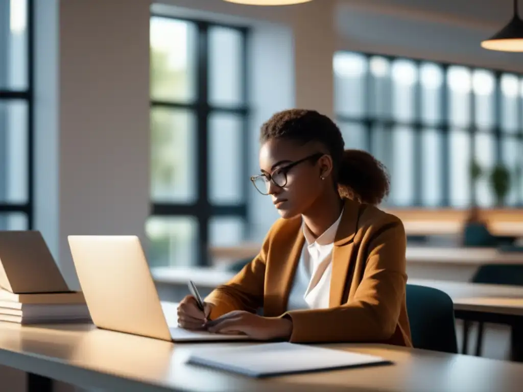Estudiante enfocado en beca Joven estudiante preparando becas en estudio luminoso y minimalista