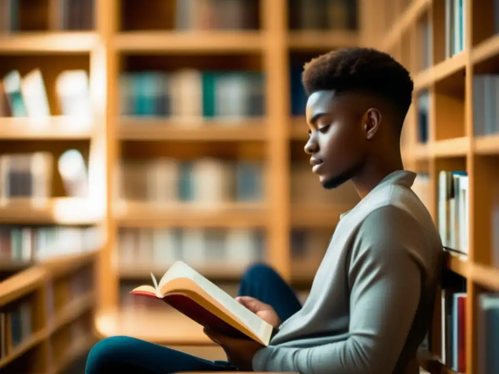 Estudiante concentrado en biblioteca Joven estudiante leyendo en biblioteca con argumentos poderosos en ensayo de admisión universitaria
