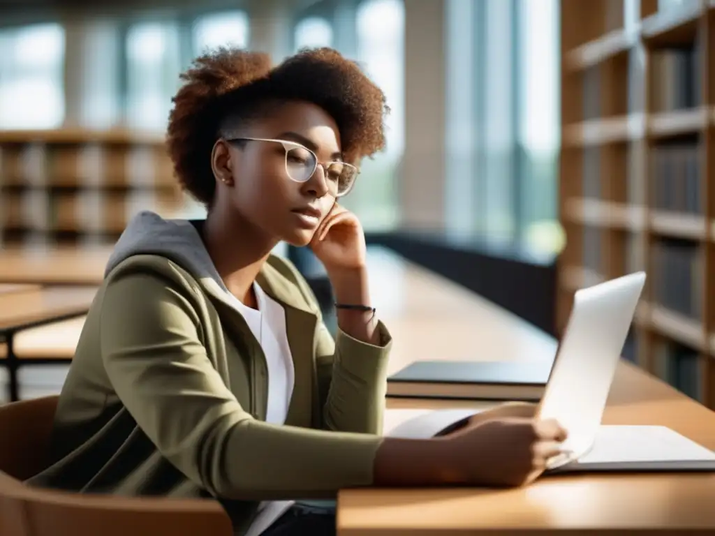 Estudiante exitoso en biblioteca moderna Joven estudiante en biblioteca universitaria: Secretos asertivos para admisiones universitarias