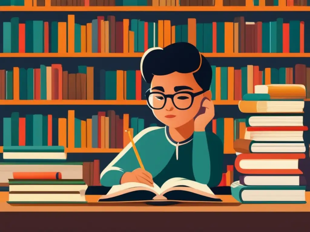 Estudiante concentrado rodeado de libros y materiales de estudio Joven estudiante concentrado en su escritorio con libros y materiales de estudio