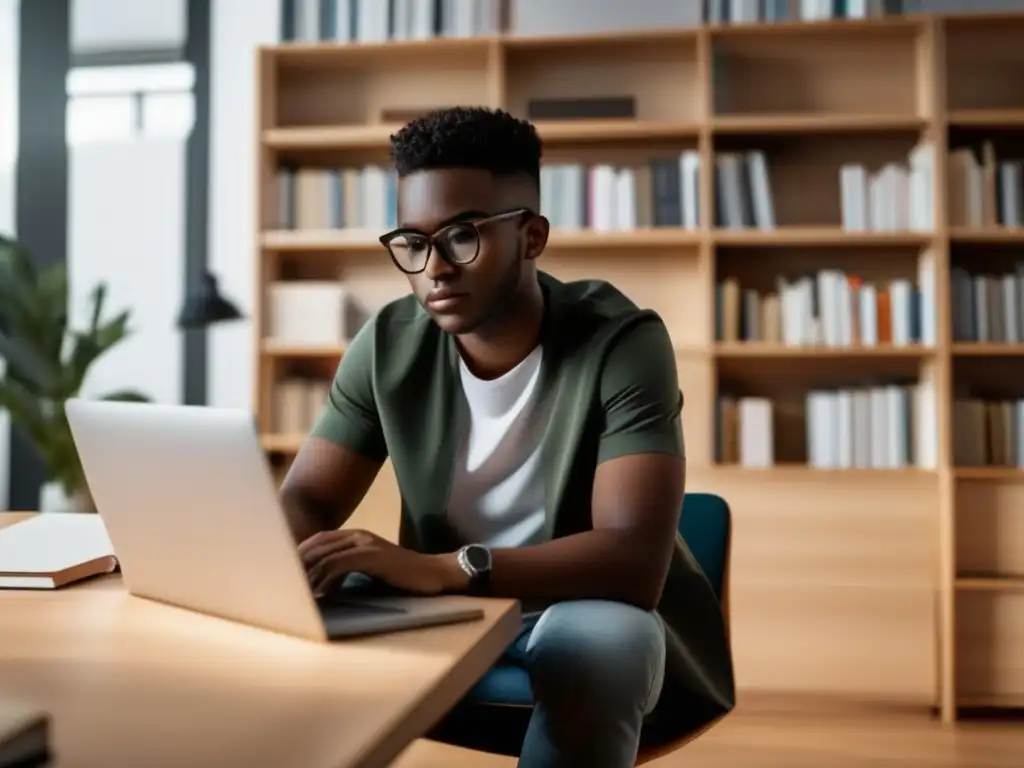 Estudiante enfocado en moderno espacio de estudio Joven estudiante concentrado en su escritorio con libros organizados y vista al campus