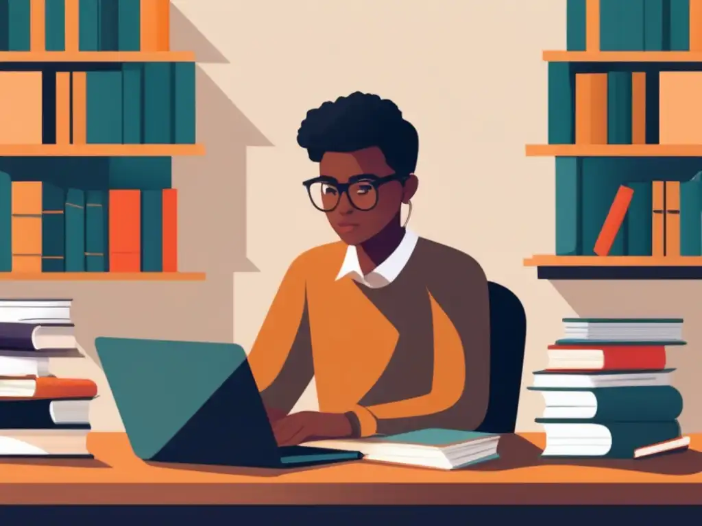 Estudiante concentrado en escritorio Joven estudiante concentrado en escritorio, rodeado de libros y papeles