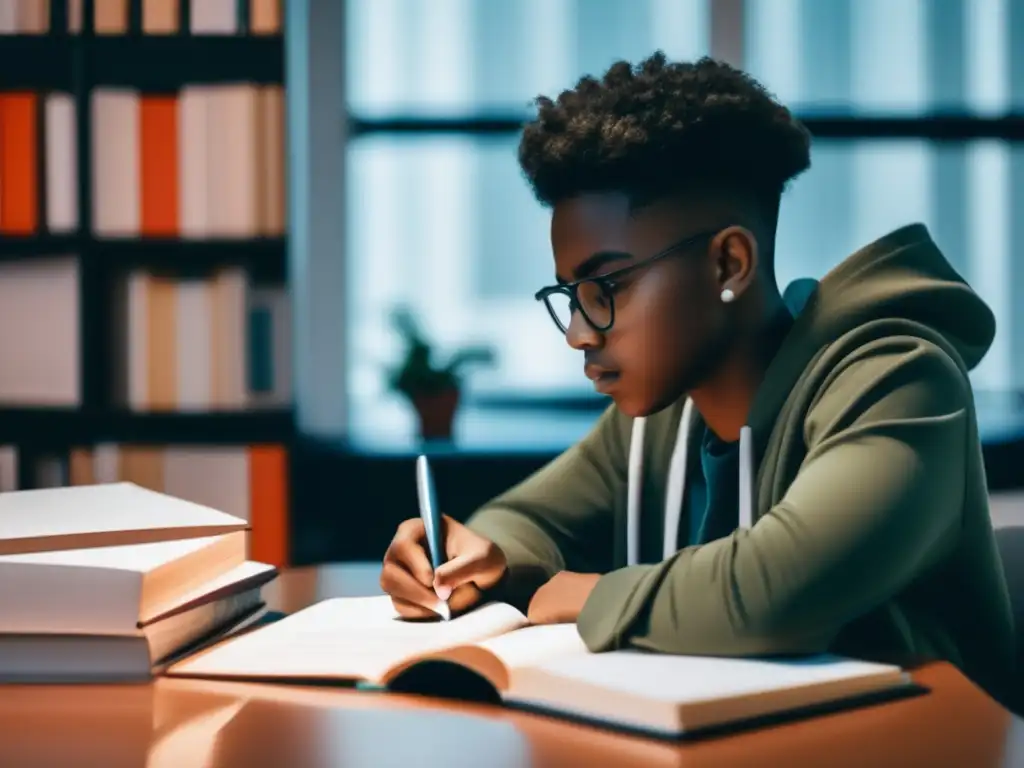 Estudiante concentrado escribiendo un ensayo Joven estudiante concentrado en preparativos para admisión en Caltech
