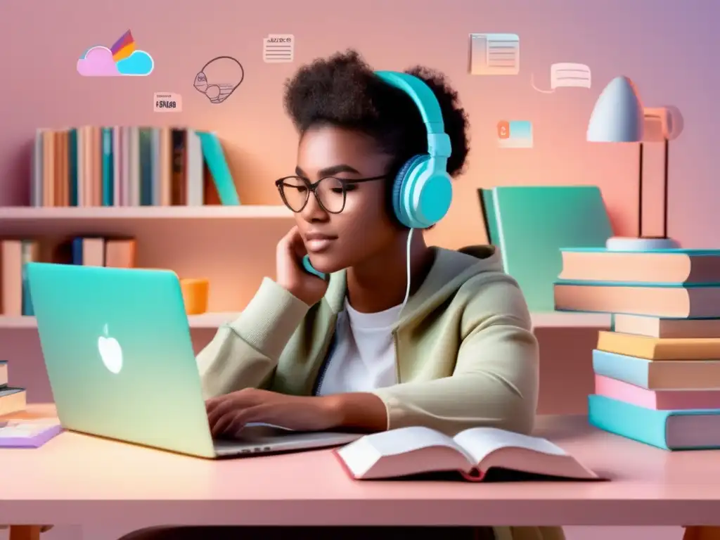 Joven estudiando idiomas con concentración Joven estudiante enfocado en el aprendizaje de idiomas y la importancia del multilingüismo en educación