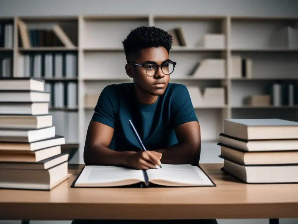 Estudiante concentrado rodeado de libros y papeles Joven estudiante enfocado en escritorio rodeado de libros y papeles, transmitiendo profesionalidad y la importancia de negociar préstamo estudiantil