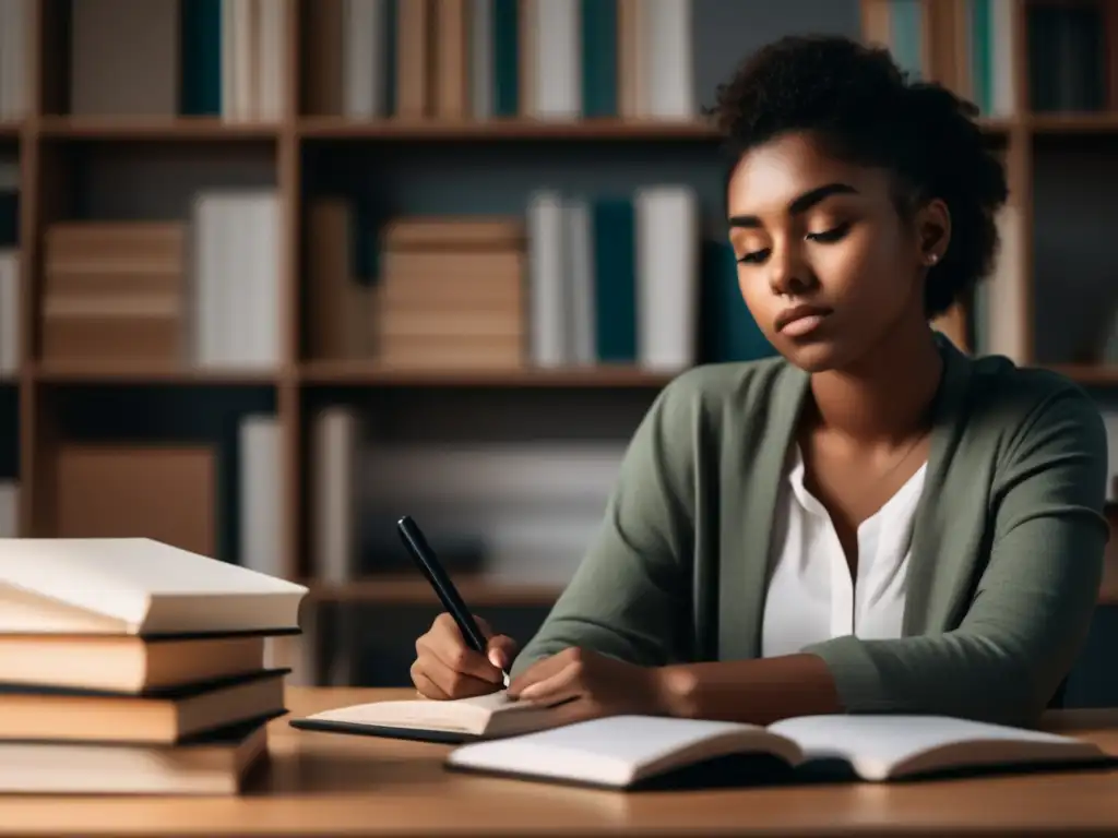 Estudiante concentrado en su escritorio Joven estudiante enfocado en su escritura rodeado de libros y materiales de estudio