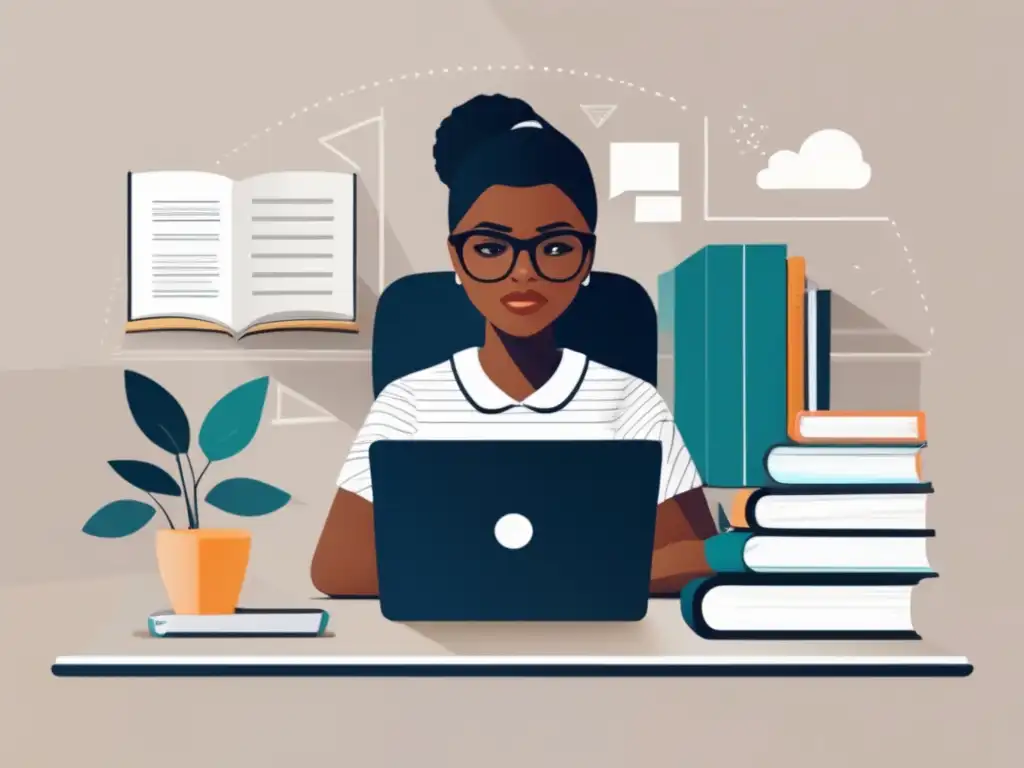 Estudiante enfocado en el aprendizaje online Joven estudiante enfocado en estudios online y notas, en un escritorio moderno