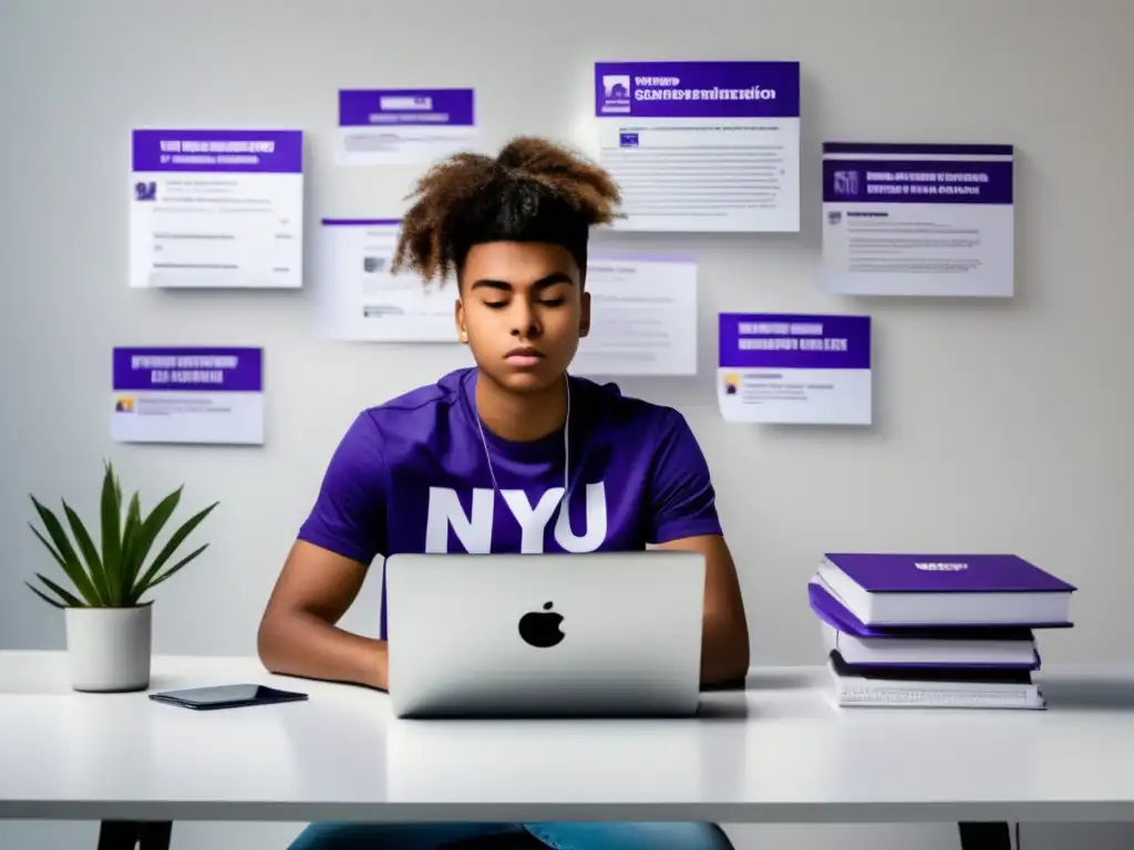 Estudiante de NYU enfocado en la aplicación online Joven estudiante enfocado en la admisión universitaria NYU