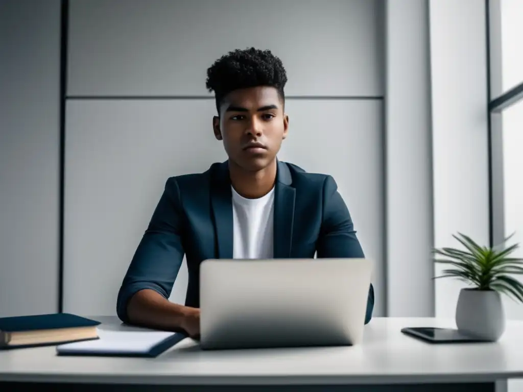Joven estudiante enfocado en escritorio minimalista Joven estudiante preparándose para entrevistas universitarias eficaces