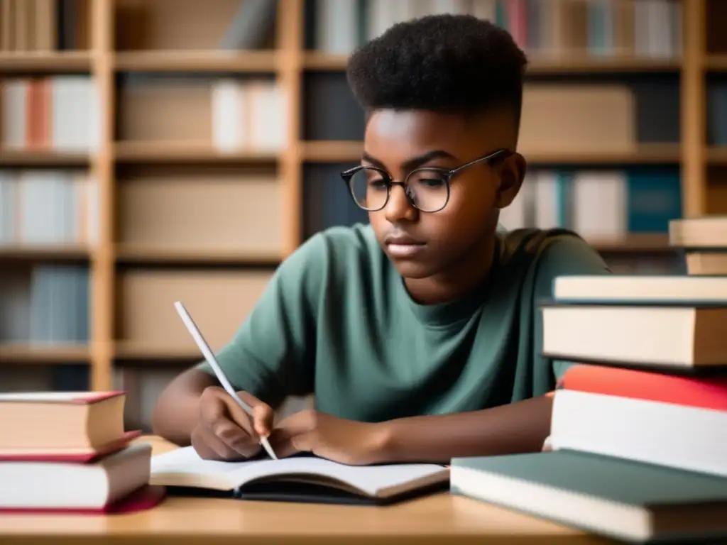 Estudiante concentrado en escritorio Joven estudiante en un escritorio minimalista, rodeado de libros y materiales de estudio