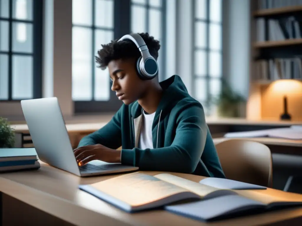 Estudiante concentrado en el estudio Joven estudiante en escritorio minimalista, preparándose para pruebas admisión universidades Europa