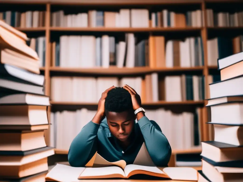 Estudiante estresado rodeado de libros Joven estudiante bajo presión: Estrategias de afrontamiento para el estrés preuniversitario