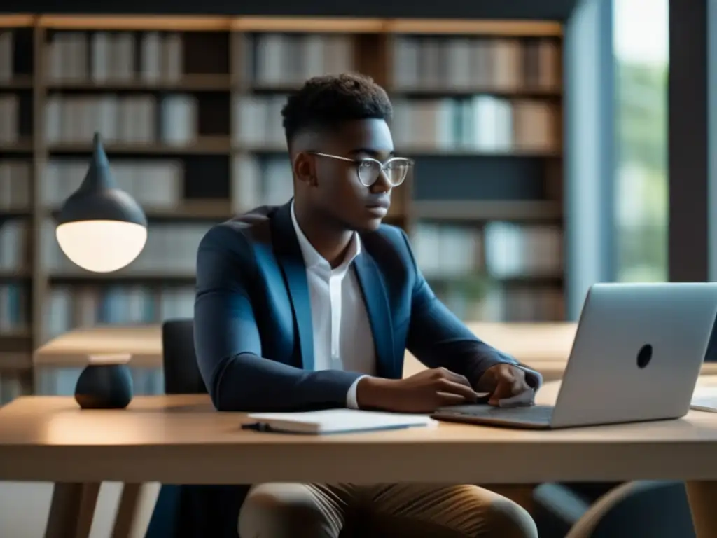Estudiante enfocado en espacio de estudio moderno Joven estudiante productivo en un espacio de estudio moderno y minimalista, rodeado de libros, laptop y materiales de estudio