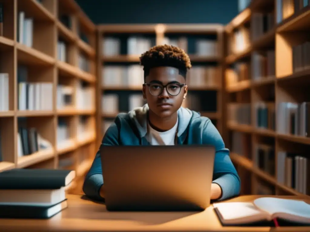 Estudiante concentrado en estudio moderno Joven estudiante equilibra trabajo y estudio en moderno estudio con vista a la ciudad