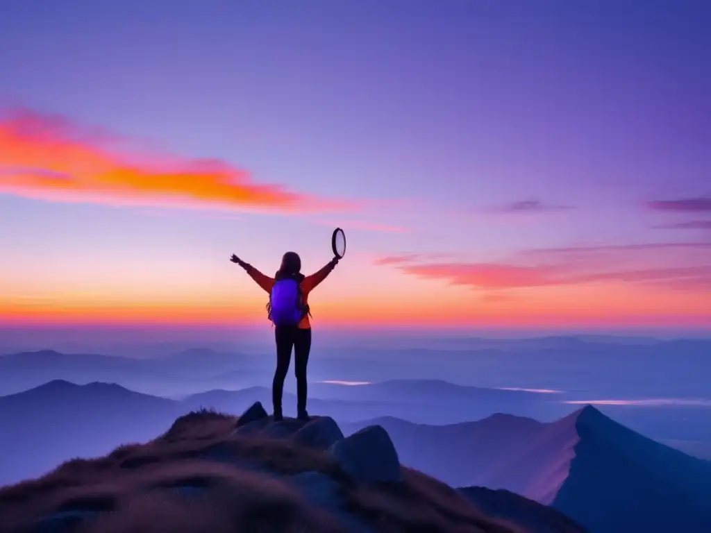 Joven explorador en la cima de una montaña al atardecer Joven en montaña, mirando horizonte con cielo anaranjado y morado