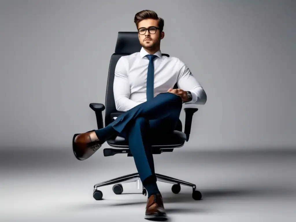 Joven profesional en elegante oficina Joven profesional con actitud segura en silla de oficina moderna