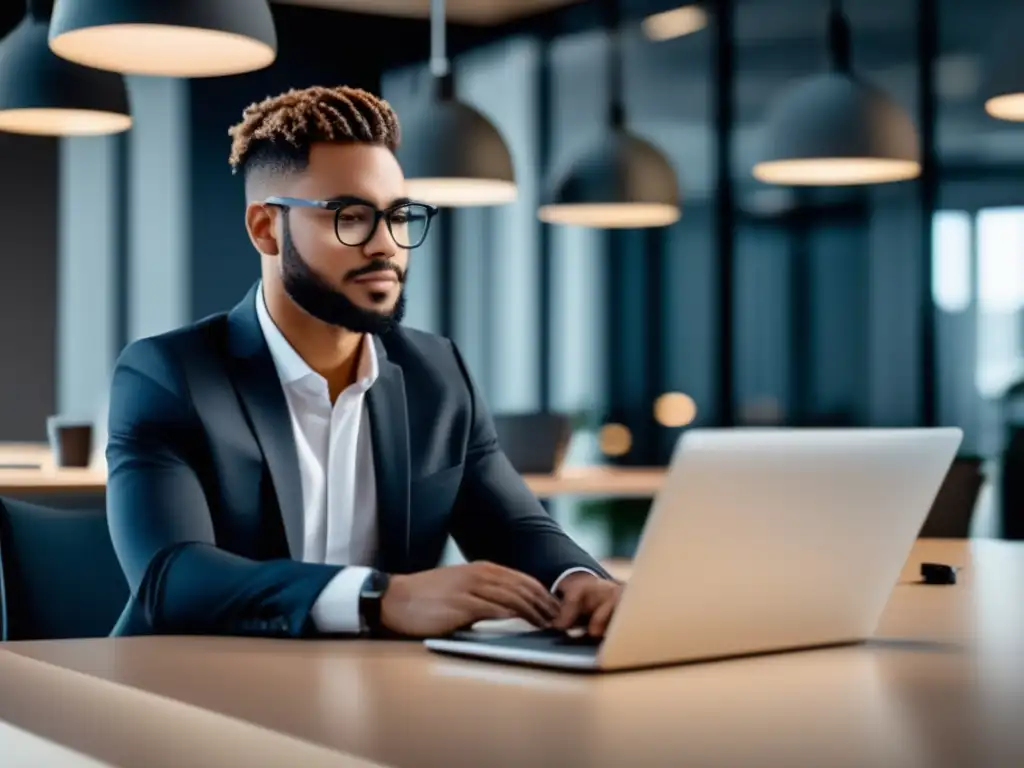 Joven profesional enfocado en su carrera Joven profesional en oficina moderna con vista a la ciudad: Estrategias para elegir carrera universitaria adecuada