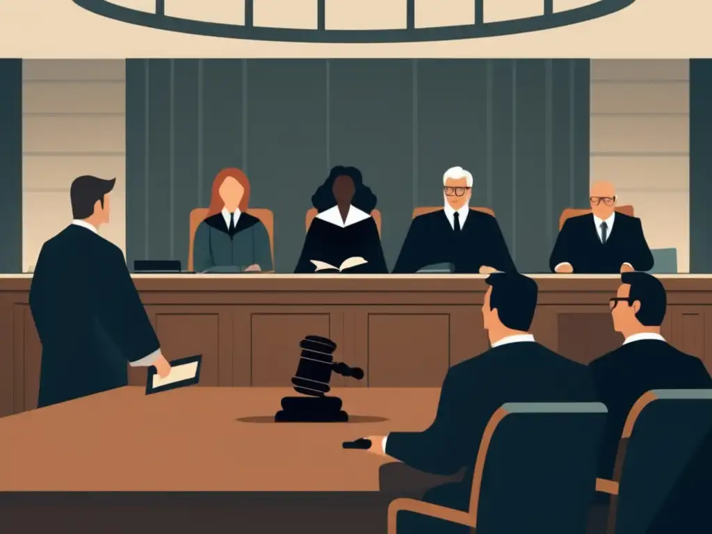 Escena de un tribunal con juez, abogados y jurado Juicio con juez, abogados y jurado
