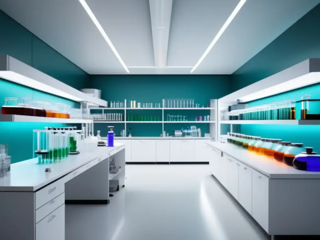 Laboratorio moderno y minimalista Un laboratorio moderno y minimalista con equipo científico de última generación y productos químicos organizados