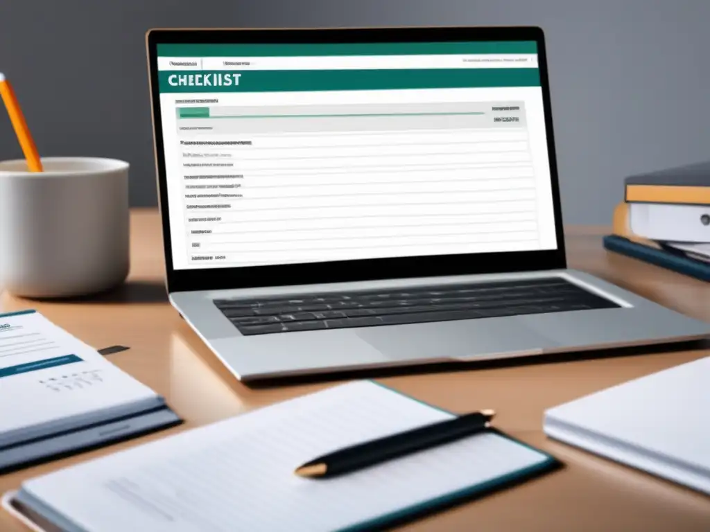 Laptop y checklist para admisiones universitarias Laptop en un escritorio minimalista con lista de admisiones universitarias y documentos organizados