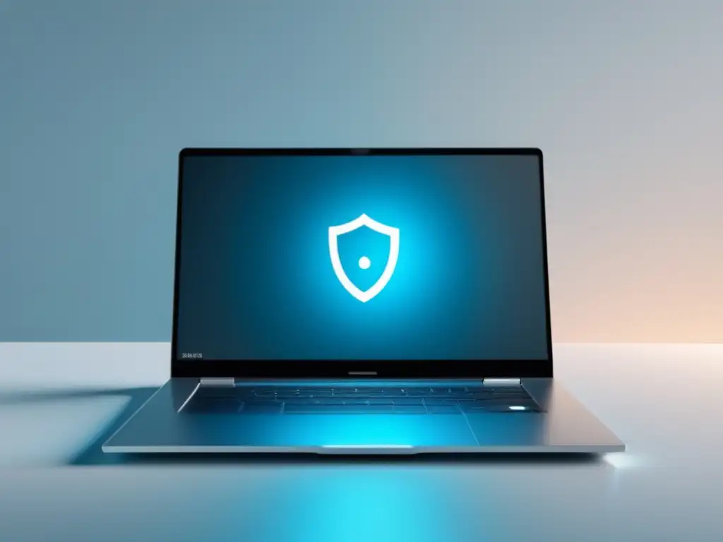 Laptop moderno y seguro en escritorio blanco Laptop minimalista con luz cálida y símbolo de seguridad, estrategias de privacidad en admisiones universitarias