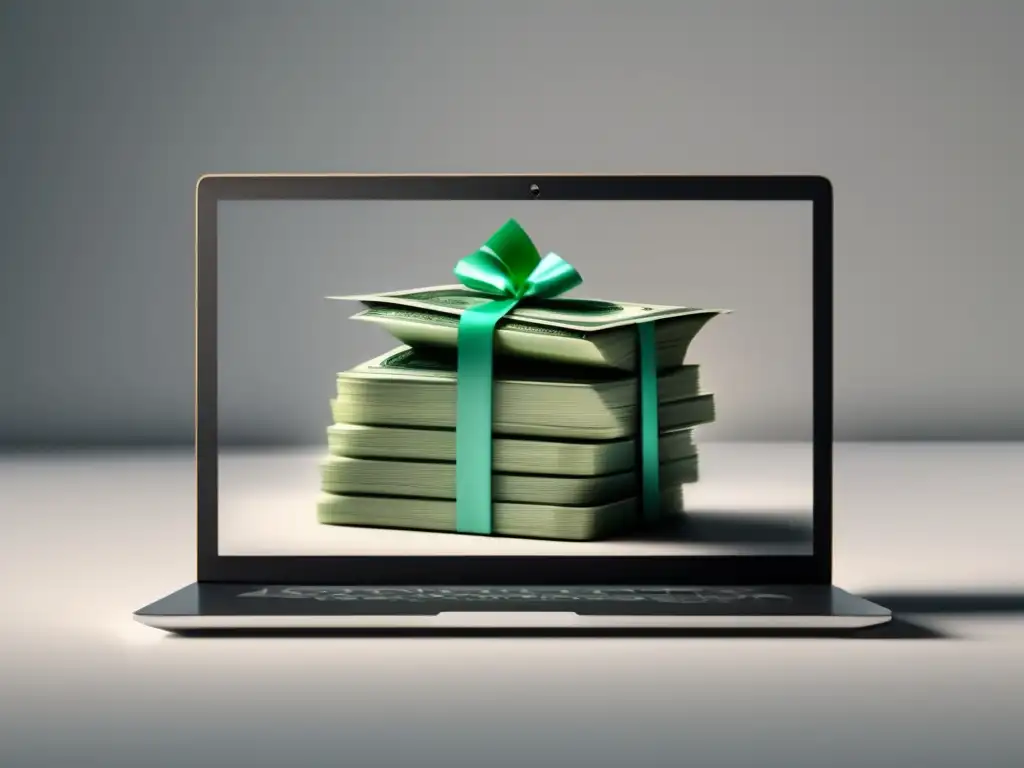 Laptop minimalista con dinero en el teclado Laptop moderno con dinero en teclado, fondo blanco