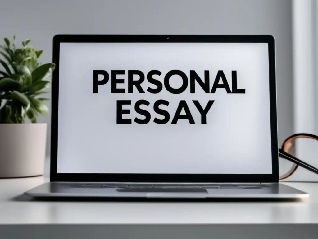 Escritorio blanco con laptop moderna y documento Laptop moderno en escritorio blanco, resalta la importancia de ensayos universitarios y evita clichés