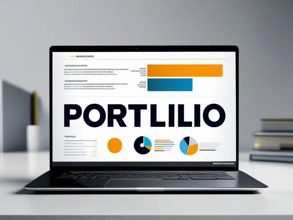 Laptop moderno en escritorio blanco - Laptop moderno en escritorio blanco, gráfico minimalista muestra alineación perfecta entre portafolio y criterios de selección universitaria