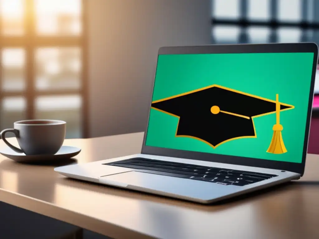 Laptop académico y financiero Laptop moderno en escritorio minimalista con becas universitarias