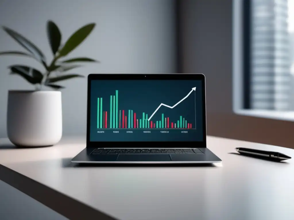 Escritorio minimalista con laptop y gráfico de crecimiento financiero Laptop moderno en escritorio minimalista con gráfico de crecimiento financiero, consejos para negociar préstamo estudiantil