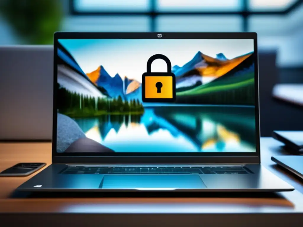 Laptop seguro en escritorio minimalista Laptop moderno con icono de candado: Prevenir filtraciones académicas estudiantiles