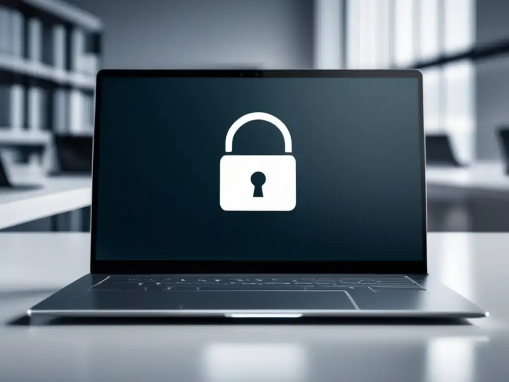 Laptop seguro en escritorio blanco Laptop moderno y minimalista en escritorio blanco - Privacidad académica y Ley FERPA
