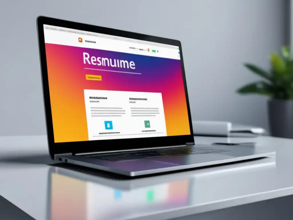 Portafolio digital minimalista y profesional Laptop moderno con currículum y portfolio digitales, destacando importancia en admisiones universitarias