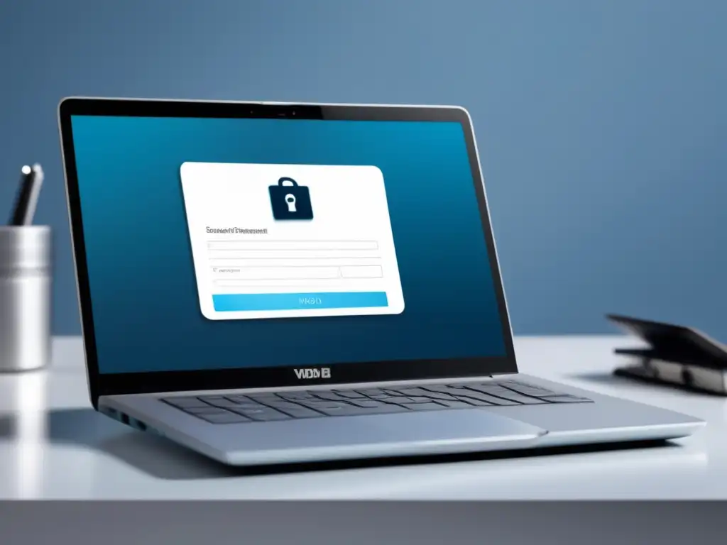 Laptop seguro en un entorno profesional Laptop moderno con símbolo de bloqueo, manejo seguro de información personal universitaria