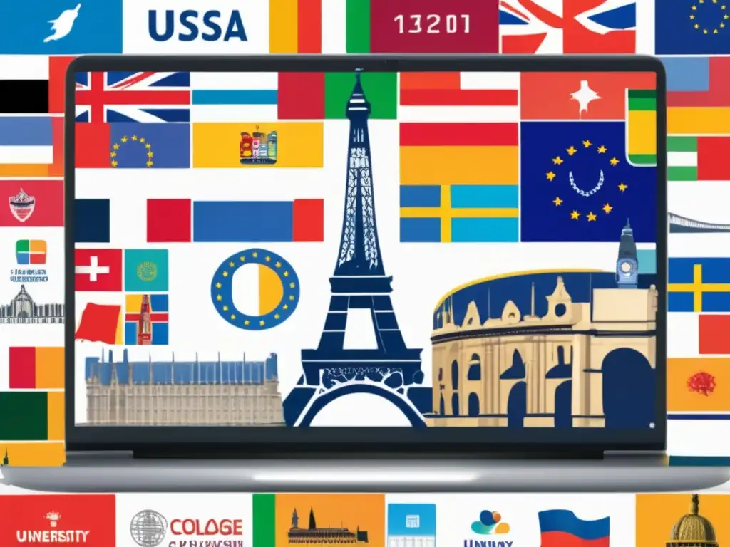 Oportunidades en universidades europeas Laptop moderno y vibrante con collage de monumentos y logos universitarios europeos