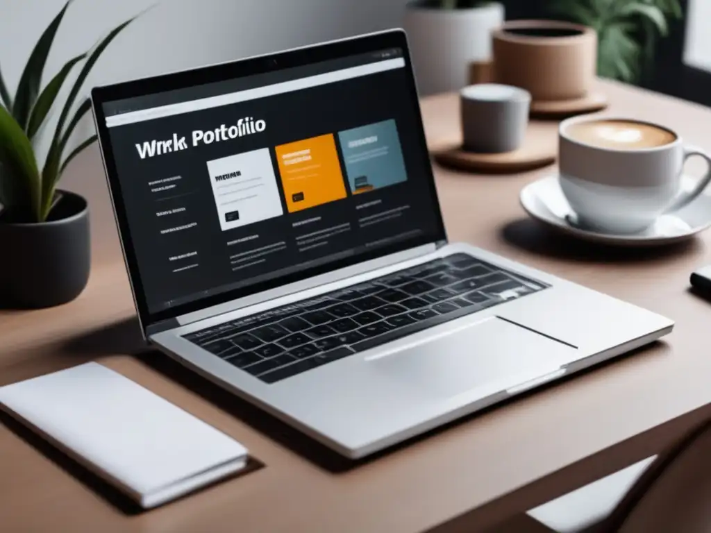 Portafolio virtual en un escritorio minimalista Laptop moderno con web profesional y portafolio virtual