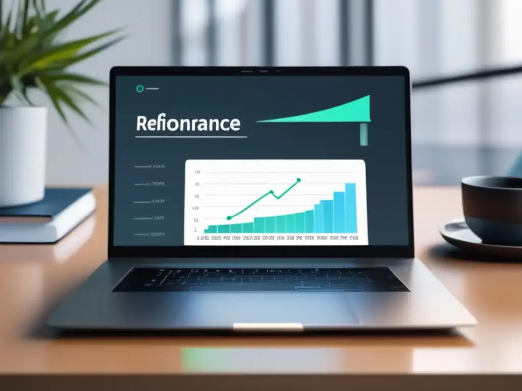 Laptop financiero en escritorio minimalista Laptop profesional con gráfica financiera, representando proceso y beneficios de refinanciamiento de préstamos estudiantiles