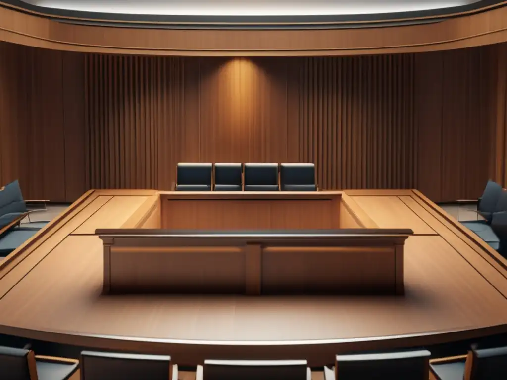 Escena minimalista de un tribunal moderno Guía legal: Imagen de una sala de tribunal moderna y minimalista